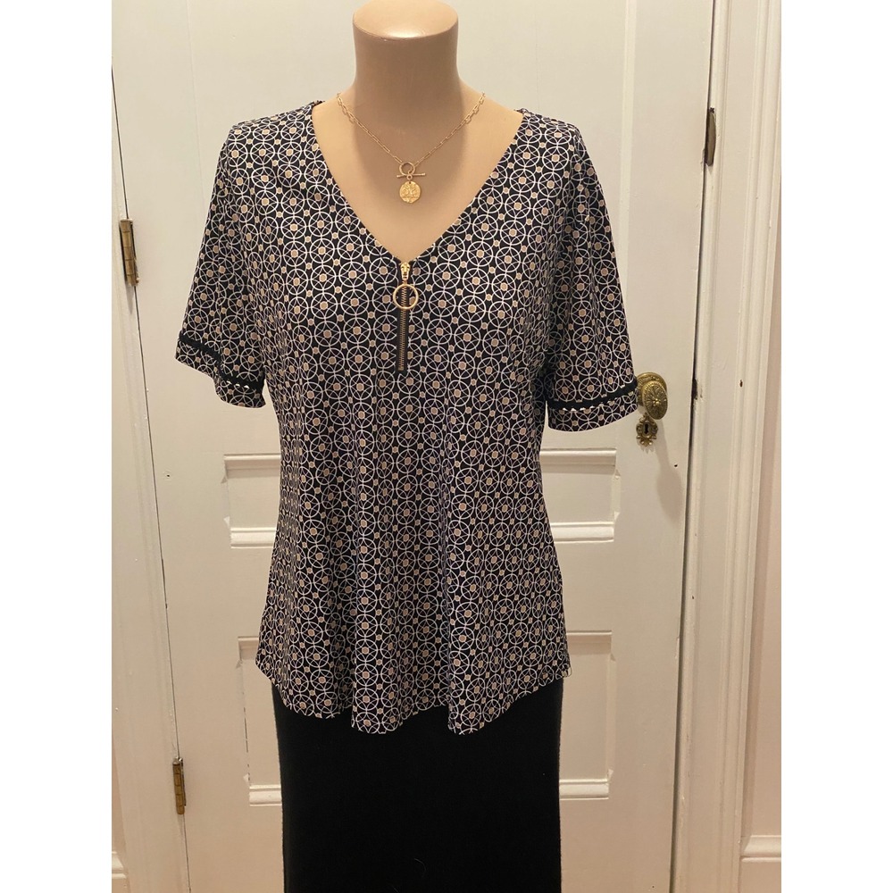 Fifty Street Geometric Print V-Neck‎ Zipper Short Sleeve Women's Top